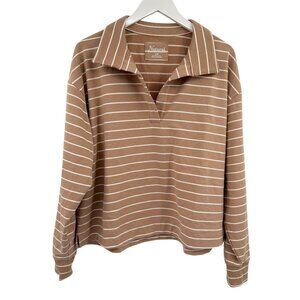 Natural Reflections cropped long sleeve collared rugby‎ top size large tan white